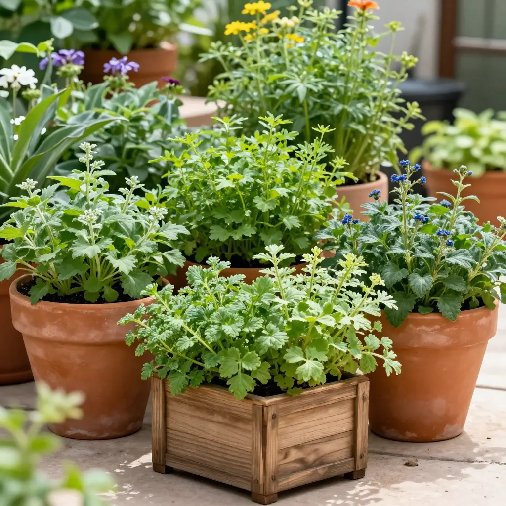 Lush container garden with various herbs and flowers arranged on a sunny patio