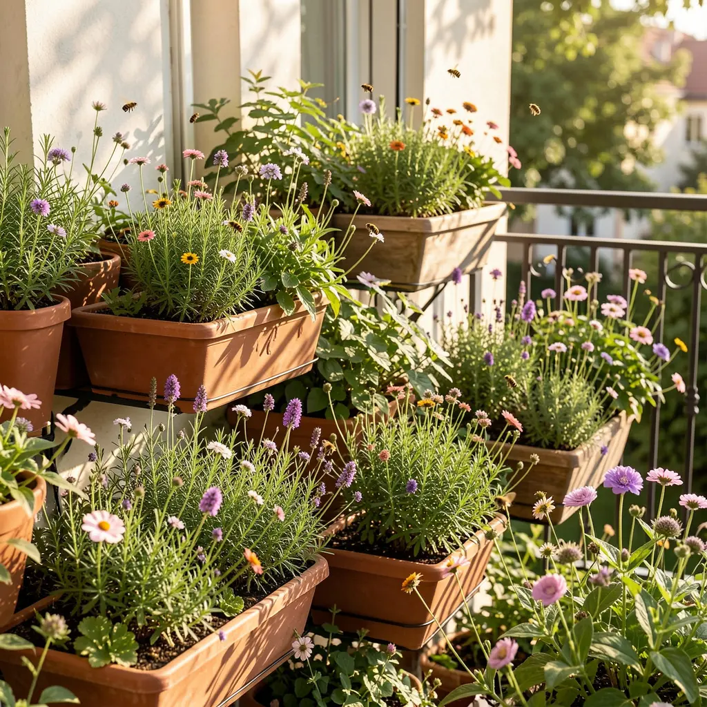 A beautifully arranged balcony garden with tiered planters and flowering herbs
