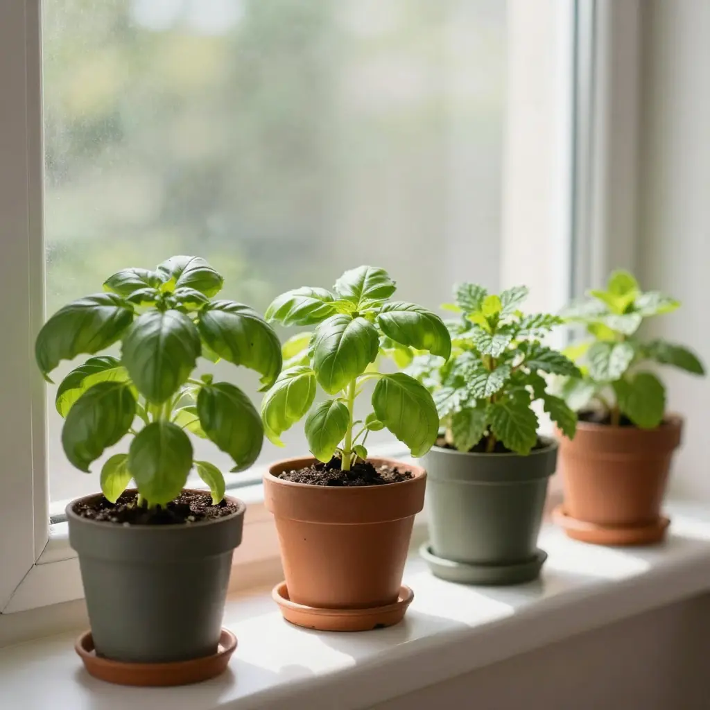 A sunny windowsill lined with small pots of basil, parsley, and mint