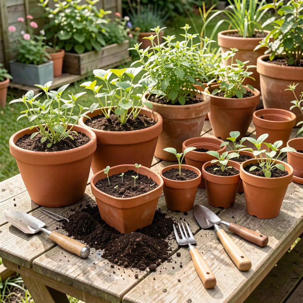 A cosy garden workspace with containers, soil, and potted seedlings being prepared